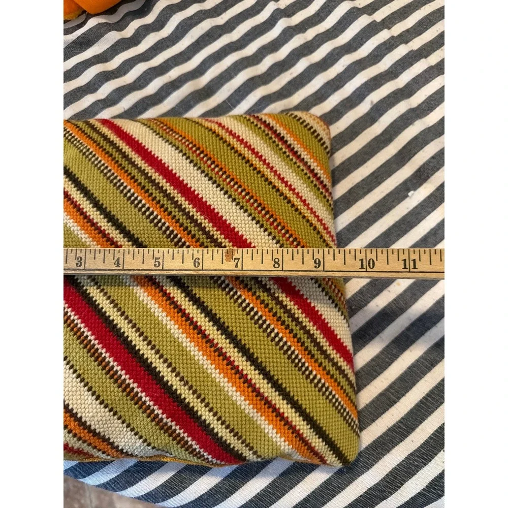 Vintage Handmade Needlepoint Throw Pillow Diagonal Stripe Boho MCM Green Orange